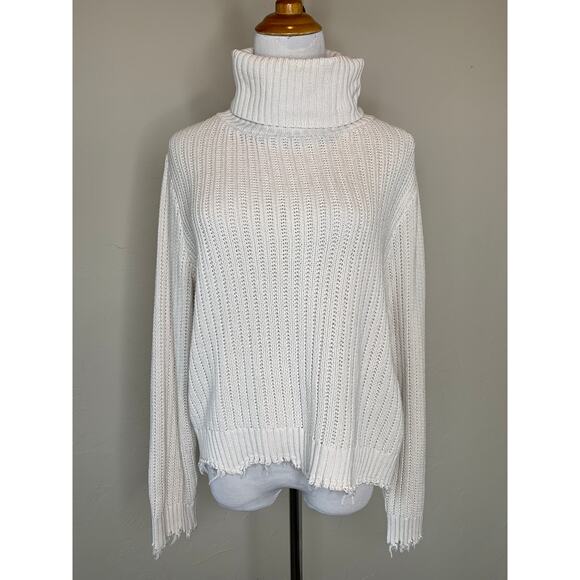Z Supply Ribbed Turtleneck Sweater Raw Chewed Hems Cream Sz Large - Picture 1 of 8